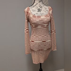 Storia Rust Cream Knit Ribbed  Long Sleeve Dress Medium